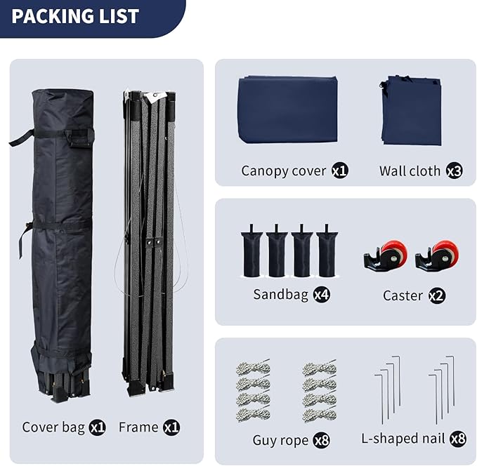 10x10 Durable Pop Up Canopy Tent with Sidewalls, Waterproof Attachable Tent Wall, Privacy Shade for Outdoor Events, Camping, Farmers Market (Navy Blue)