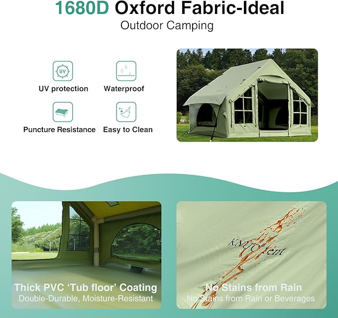 2025 Upgraded Waterproof Inflatable Camping Tent, Large Blow-Up Air Tent, No Assembly Needed Luxury Glamping House, Oxford Fabric