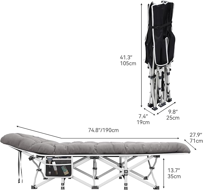 YITAHOME Camping Cots w/Mattress Portable Lounge Chair Outdoor Folding Cot Heavy Duty 575 LB Capacity 1200D Oxford w/Carry Bag Travel Camp Bed for Camping, Office, Traveling, Grey