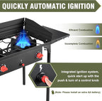 BESTFIRE 2 Burner Camping Stove,150,000 BTU High Pressure Outdoor Propane,4ft 20 PSI Adjustable Regulator Hose With Removable Legs for Backyard Cooking Camping Home
