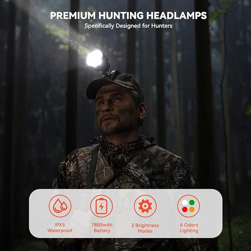 10W Coon Hunting Lights, 45000LUX Hunting Headlamp for Coyotes Hog Predators, Rechargeable & Waterproof, 6 Lighting Modes, 4 Powerful LEDs (White Red Green Amber) for Night Working