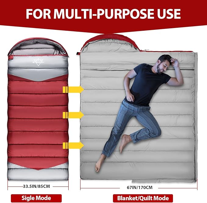 Single Sleeping Bag for Adults Kids 3-Season, Lightweight Waterproof Ripstop, Dual Zipper Bottom Vent, Compression Sack, Portable Camping Hiking Backpacking Gear