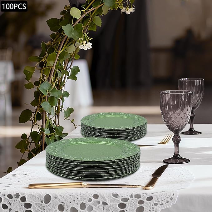 100 Pcs Green Charger Plates Bulk, 13" Antique Round Charger Plates Set, Plastic Embossed Decorative Chargers Floral Dinner Plate for Christmas Wedding Party Event Decor (Green)