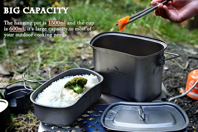 Boundless Voyage Titanium Camping Cookware Set 1500ml & 600ml Military Mess Kit with Lid Ultralight Backpacking Pot & Cup with Folding Handles for Hiking, Travel Portable Outdoor Cooking Kit Ti2059C