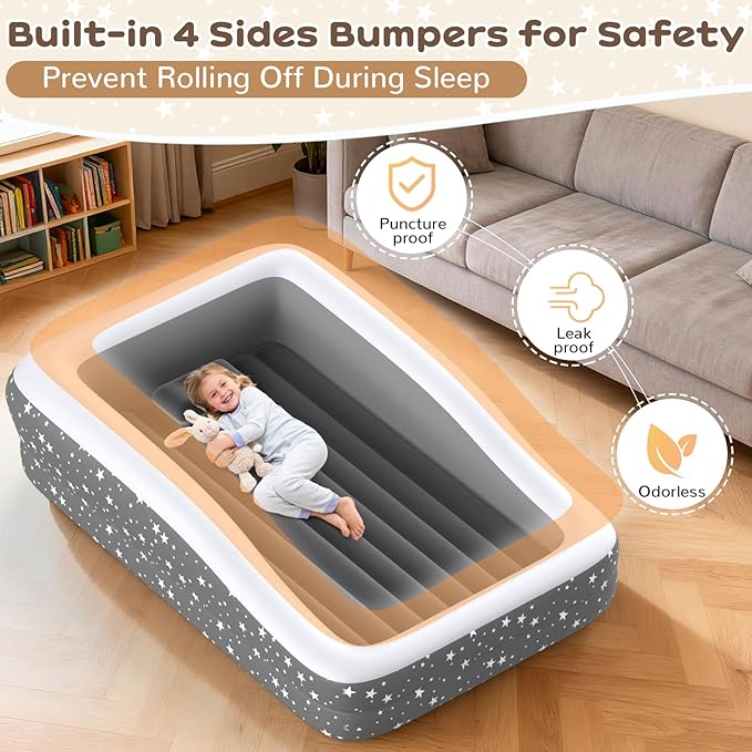 Inflatable Toddler Air Mattress with Built-in Pump - 67 Inches Safety Four Side Inflatable Toddler Travel Bed - Portable Toddler Bed for Outdoor Camping - Easy to Inflate, Deflate and Clean, Grey