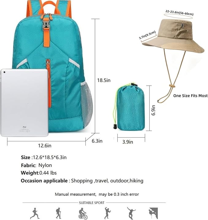 25L Foldable Backpack & Bucket Hat 2 IN1 Combo, Lightweight packable Travel Set, Compact Daypack Sun Fisherman Hat (Lake Blue)