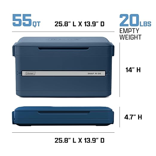 Coleman Snap 'N Go 55-Quart Collapsible Hard Cooler, Portable Hard-Sided Cooler with Waterproof Removable Liner, Space-Saving & Quick Set Up, 64 Hours Cold, Sapphire Blue