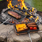 Double Cast Iron Pie Pan & Pie Iron Cooker, Pre-Seasoned Heavy-Duty Pie Irons for Camping, Cast Iron Camping Cookware and Campfire Cooking Equipment with Detachable Handles for Indoor/Outdoor Use