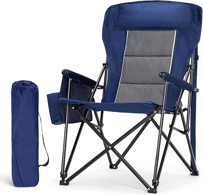 LET'S CAMP Oversized Camping Chairs 29.52" High Back Heavy Duty Lawn Chair Support 500LBS, Portable Collapsible Chair with Cup Holder, Side Pocket(Blue)