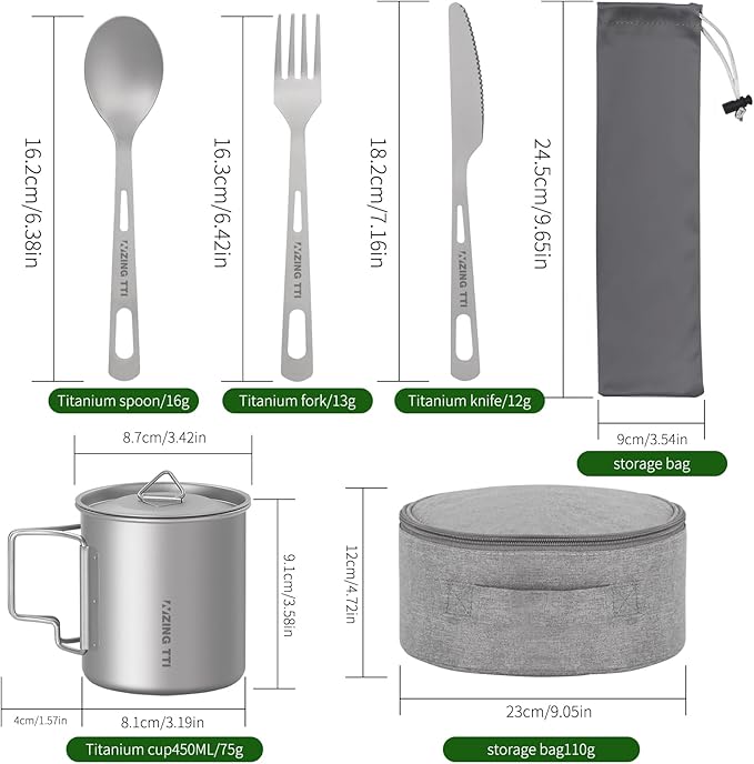Titanium Tableware Set, 8-Piece Camping Dinnerware Kit, Titanium Bowl, Plate, Cup, Fork, Spoon, and Napkin, Includes Storage Bag, for Backpacking, Camping, Hiking, and Picnics
