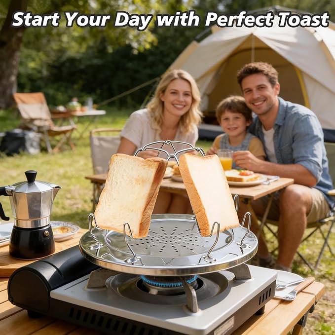 Folding Camping Toaster for Gas Stove Top – Stainless Steel 4-Slice Camp Stove Toaster Rack Holder – Portable Outdoor Bread Toaster for Camping, RV, Hiking & Picnic (Includes Tongs)