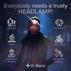 K-Bern Rechargeable Headlamp. 1000 Lumen, Ultra Bright Head Lights for Forehead. Waterproof, Lightweight Aluminum, 2600mAh Battery, Perfect for Dog Walking (Ultra Bright Red & White - 3500mAh)