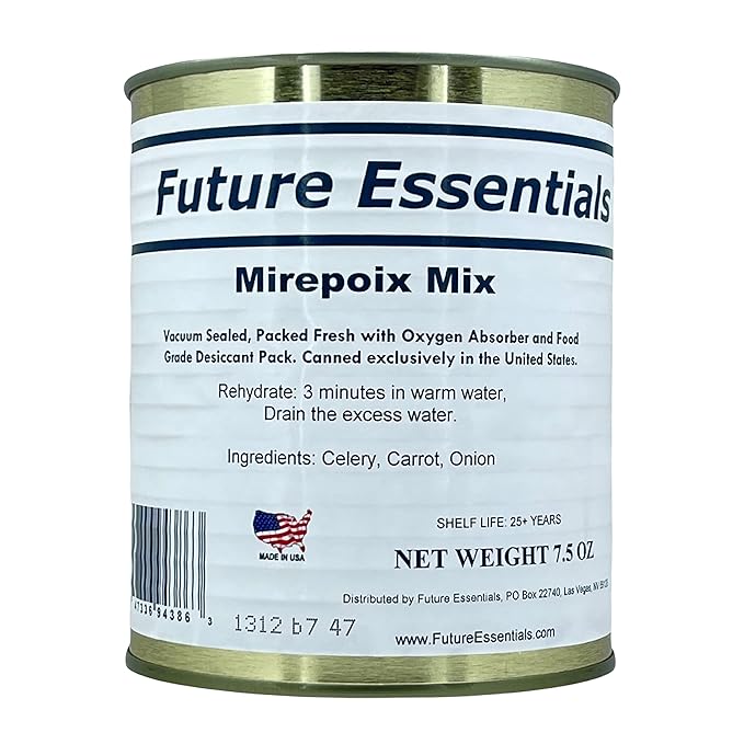 Future Essentials Freeze Dried Dehydrated Mirepoix Mix Dried Carrots, Celery & Onions (Soffritto) 7.5 Oz Each Can Shelf-Stable Emergency Food Supply Easy Prep for Camping, Hiking & Survival Pack of 12
