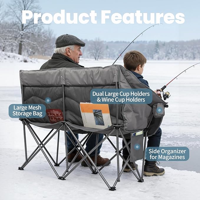 Oversized Double Camping Chair for Adults - Heavy Duty Folding Loveseat Support 700 lbs, Extra Wide 2 Person Camping Couch with Thick Padding, Cup Holders & Storage Bag, Grey