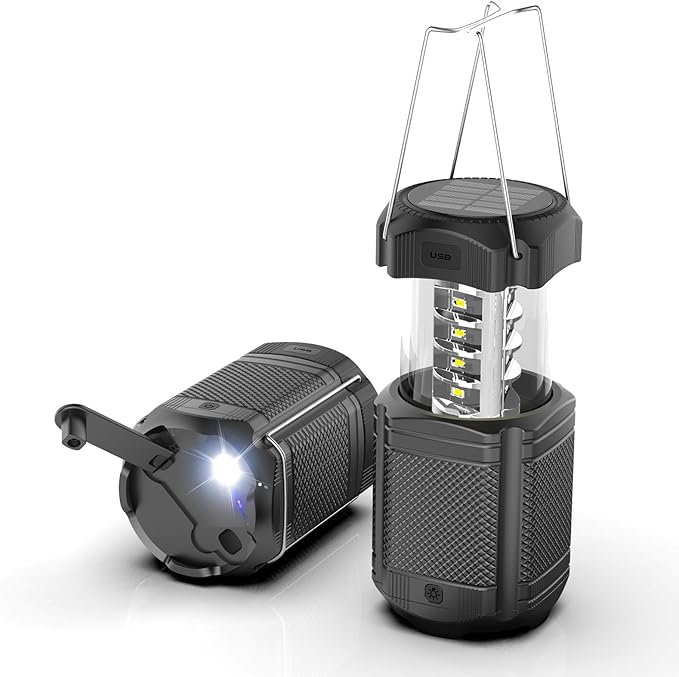 Camping Lantern 5000mAh Solar Hand Crank Telescopic LED Flashlight USB Charger for Power Outages ,Portable Rechargeable Battery Powered Operated Lanterns Lamp, Camping Gear Accessories (Black)