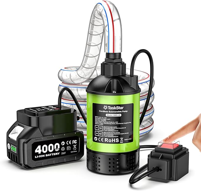 Cordless Water Pump with 1H Runtime Battery & Hose, 1100GPH Brushless Small Submersible Utility Pump for Rain Barrel Pool Hot Tub Drain, Garden Irrigation, Flooded Basement Boat Emergency
