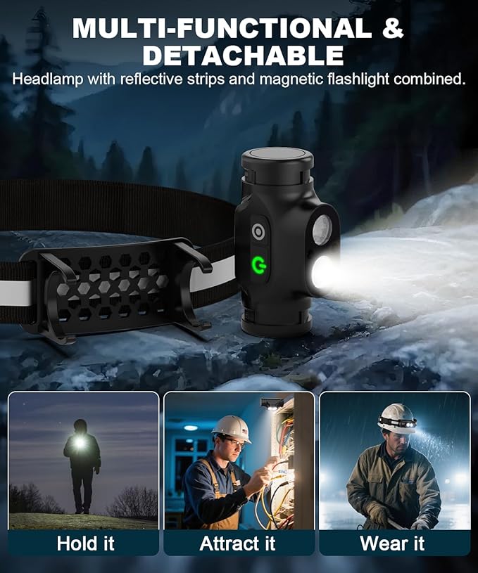 Rechargeable Running Headlamp, High Lumens Bright Head Lamp Led with Motion Sensor, 4 Modes, Magnet, Detachable Flashlight & Headband for Adult, Outdoor, Emergency, Hard Hat Light 2PC