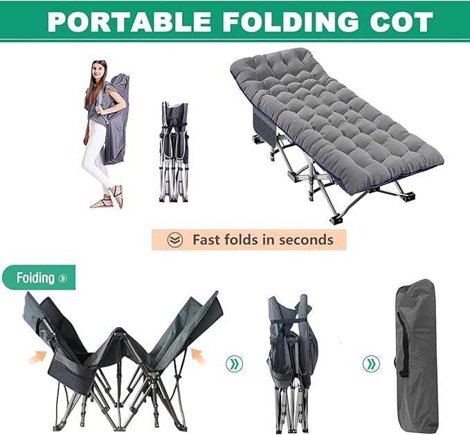 LILYPELLE 2 Pack Folding Camping Cot W/Mattress, 78" L x 32" W x 18" H Cot Bed, Heavy Duty Wide Camping Cot XXL for Adults, Portable Sleeping Cot Bed for Travel Camping/Office, Home Nap