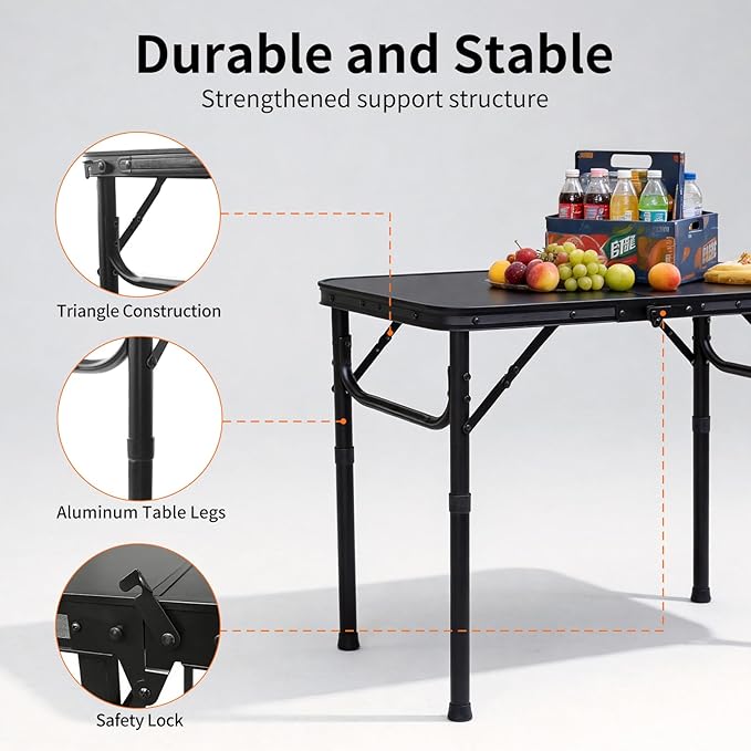 2FT Small Camping Portable Table, Black Aluminum Frame, Adjustable Height up to 21", Lightweight Carry Handle, Portable for Travel, Camping Outdoor Use