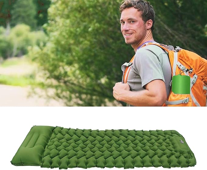 Ergonomic Inflating Sleeping Pad with Foot Pump and Storage Bag, and Wear for Office, Camping, and Outdoor Use (Olive Green)