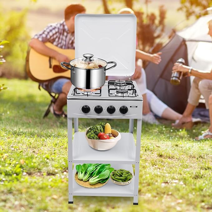 4 Burner Gas Stove, Portable Outdoor Stove with Double storage shelves and Independent Knobs, Heavy Duty Propane Gas Cooker with Wind Blocking Cover for Outdoor Camping BBQ(White)