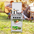 4 Burner Gas Stove, Portable Outdoor Stove with Double storage shelves and Independent Knobs, Heavy Duty Propane Gas Cooker with Wind Blocking Cover for Outdoor Camping BBQ(White)