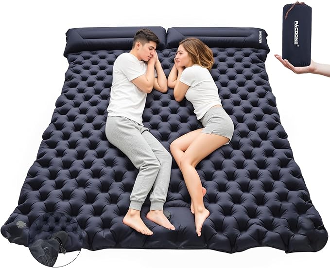 Camping Double Sleeping Pad, Self Inflating Sleeping Mat with Pillow Built-in Foot Pump, 2 Person Portable Camping Air Mattress for Backpacking, Hiking, Traveling, Tent,Beach