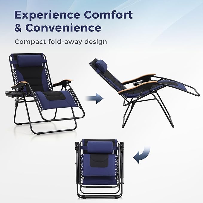MAISON ARTS Oversized XXL Padded Zero Gravity Chair, 30" Wide Seat Foldable Patio Recliner, Anti Gravity Outdoor Lawn Chair with Cup Holder & Pillow, Supports 400lbs, Blue