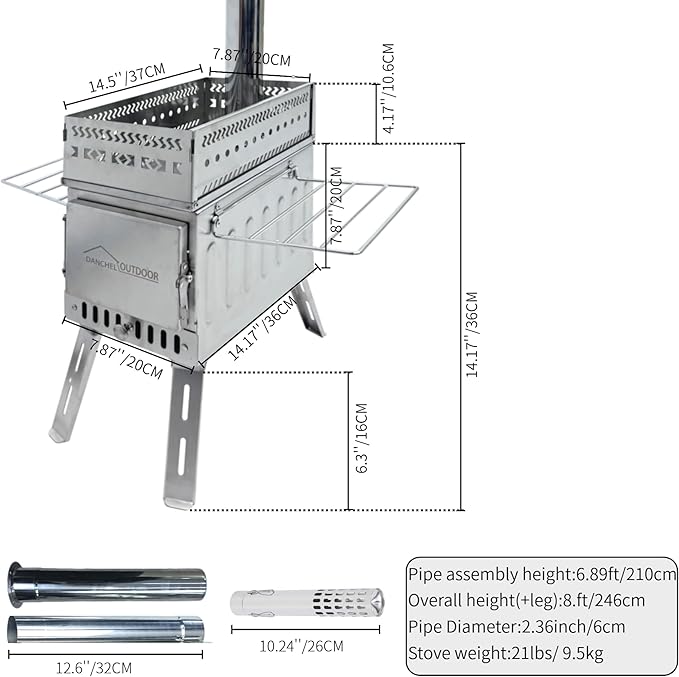 DANCHEL OUTDOOR Camping Stove with Sauna Tent with Stove Jack, Hot Tent Wood Stove with Pipe Spark Arrestor for 1-2 Person Dry Sauna, Cooking, Ice Fishing