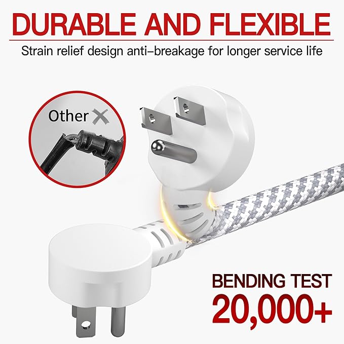 16/3 Flat Plug Braided Extension Cord 10 FT, Indoor 3 Prong Grounded Low Profile Extension Wire Flexible, Suitable for Home and Office, 13 Amp 1625 Watt 125VAC 16AWG, ETL Listed