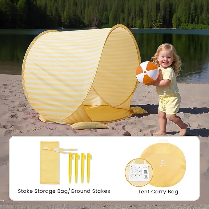 Tiny Land Baby Beach Tent – Pop Up Baby Tent with UV Protection, Portable Baby Beach Essentials, 35.4"x27.6"x31.5" Sun Shelter for Infants, Baby Summer Outdoor Use (Pastel Yellow Stripes)