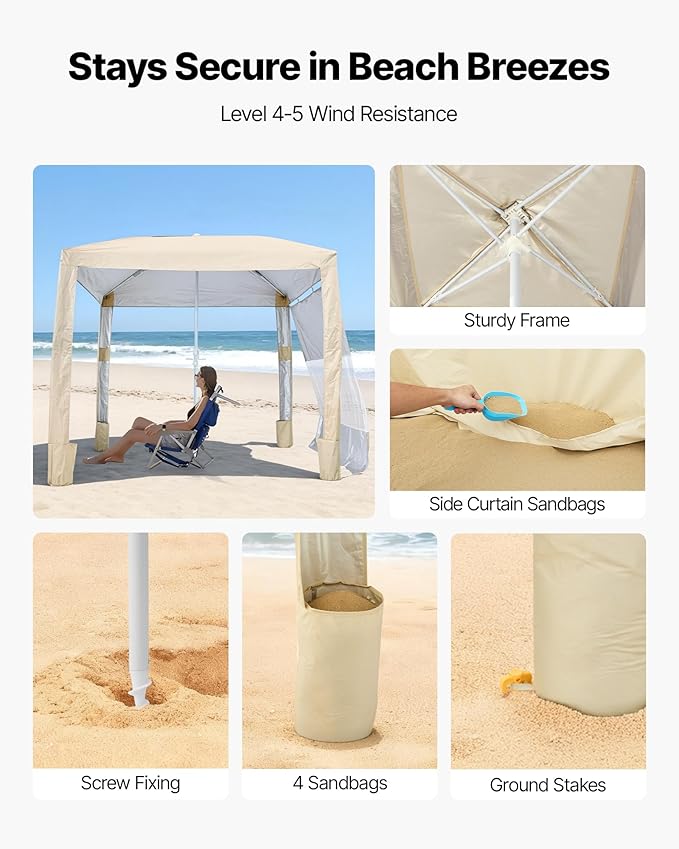 VEVOR Beach Cabana, 8 x 8 ft Beach Canopy with Side Wall, UPF 50+ Protection Easy Setup Cabana Tent with Sand Pockets, Adjustable Height Portable Shade Sun Shelter Umbrella for Family & Friends, Khaki