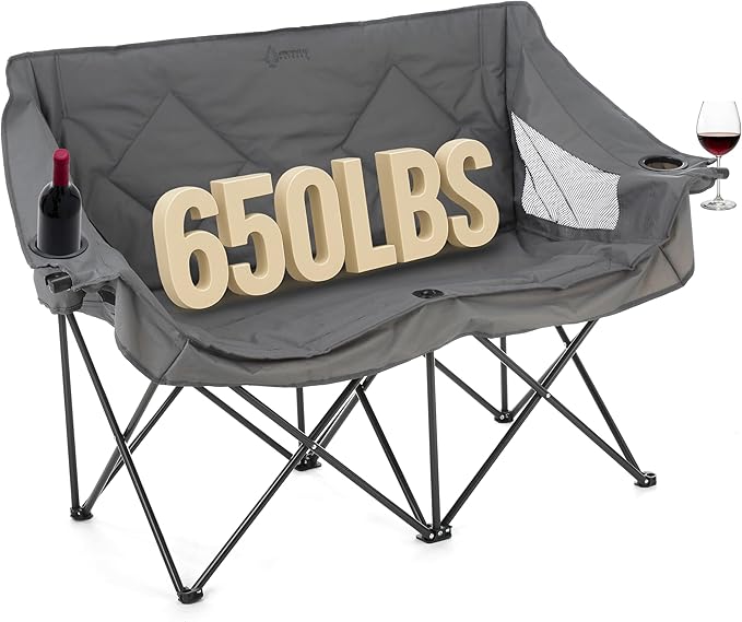 ARROWHEAD OUTDOOR Portable Folding Double Duo Camping Chair Loveseat w/ 2 Cup & Wine Glass Holder, Carrying Bag, Supports up to 500lbs