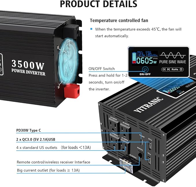 3500W Pure Sine Wave Inverter DC 12V to AC 120V, with Wireless LCD Remote Control, Hardwire Port, Fast USB, 30W Type-C for RV, Truck, Home, Camping, Upgraded from 3000 Watt Inverter
