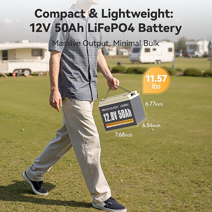 Power Queen 12V 50Ah LiFePO4 Battery Upgrade, Lithium Battery with 50A BMS Protection, Up to 15000 Cycles, Portable & Lightweight for RV Camping, Trolling Motor,Fish Finder, Solar