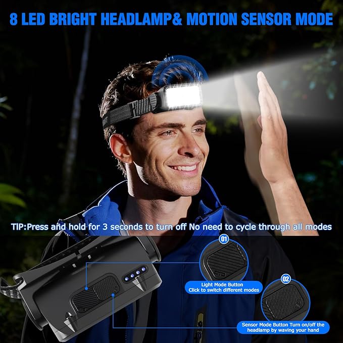 6 Pack Rechargeable Headlamp,Super Bright LED Head Flashlight with Motion Sensor,IPX6 Waterproof Headlight for Camping,Hiking,Fishing,Running,Hunting,Hands Free Head Lamp for Adults,Team Work