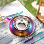 Honeydak 36 Pcs Stainless Steel Utensils Camping Tableware Kit Include Set of 6 Plate Bowl Cups Spoons Forks Knives Flatware Set for Backpacking Camping Hiking and Picnic(Rainbow Color)