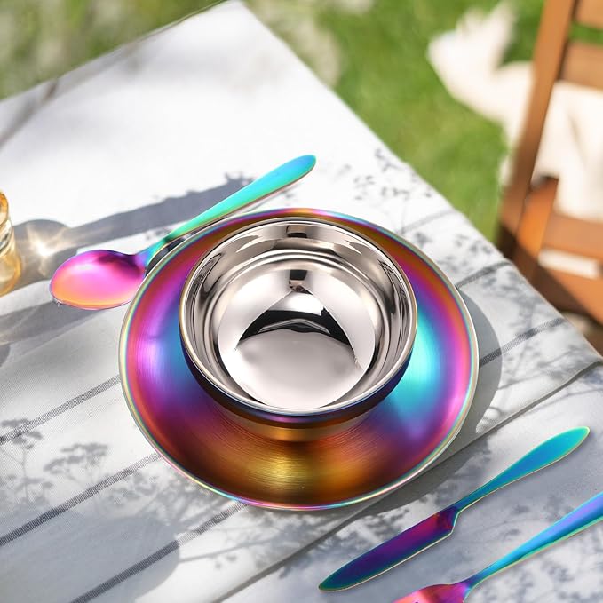 Honeydak 36 Pcs Stainless Steel Utensils Camping Tableware Kit Include Set of 6 Plate Bowl Cups Spoons Forks Knives Flatware Set for Backpacking Camping Hiking and Picnic(Rainbow Color)