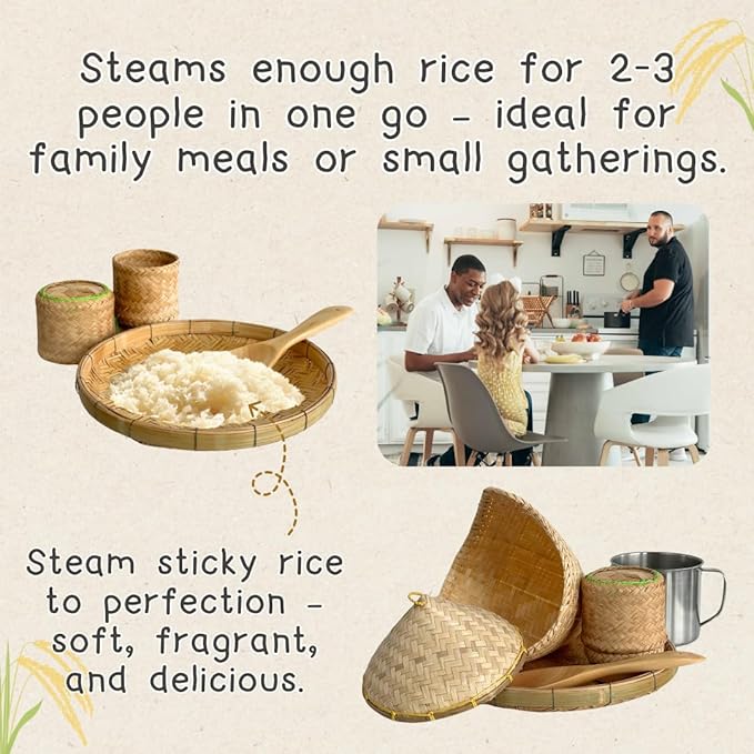 6-Piece Mini Sticky Rice Steamer Set - Bamboo Basket & Thai Rice Cooker, Portable for Camping