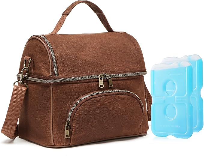 Waxed Canvas Lunch Bag for Men, Small Soft Cooler Bags Insulated with 2 Ice packs, Women Lunch Bags for Work, 10.5L 2 Compartments Leakproof Lunchbox for Work, Camping, Beach and Road Trips