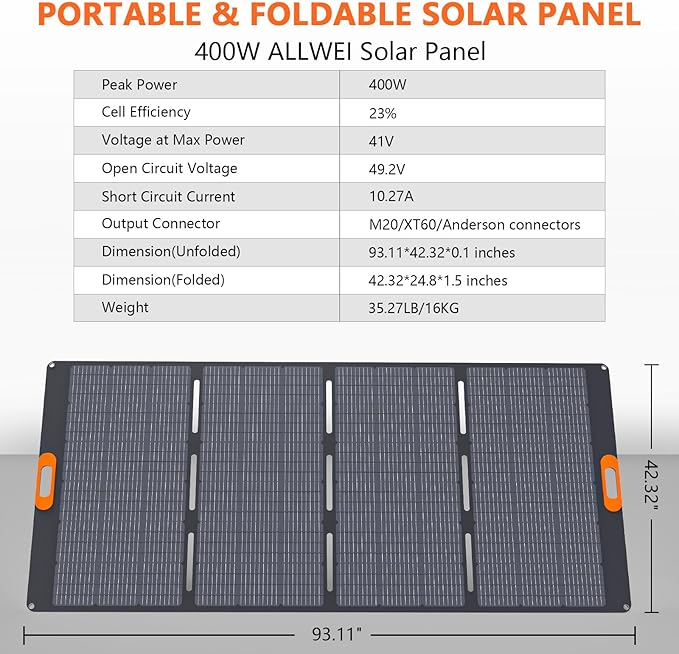 400W Foldable Portable Solar Panel for ALLWEI 1200W 2400W Power Station Solar Generator, IP67 Waterproof, with Adjustable Kickstand for RVs Camping Home and Blackouts