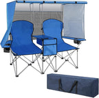 BESTHLS Double Canopy Camping Chair with Shade Folding Loveseat Chairs with Cup Holder Cooler Bag Organize Pouch for Camp Beach Sports Lawn Patio Outside (Blue)