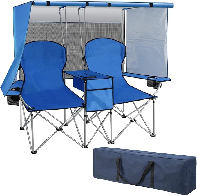 BESTHLS Double Canopy Camping Chair with Shade Folding Loveseat Chairs with Cup Holder Cooler Bag Organize Pouch for Camp Beach Sports Lawn Patio Outside (Blue)