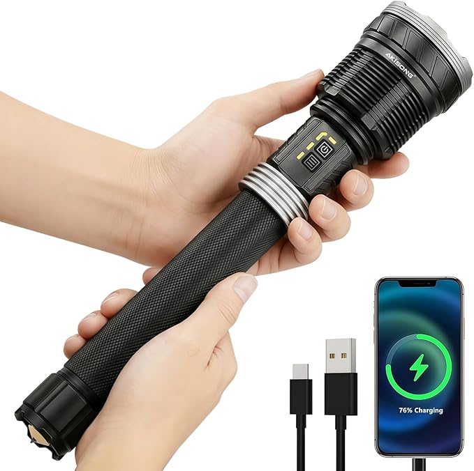 Rechargeable Flashlight 15,000 High Lumens, 120W XHP360 LED Super Bright Tactical Zoomable Flashlights with USB Output, Large Capacity Powered Waterproof Flash Light for Emergencies, Camping, Hunting