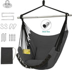 Hammock Swing Chair, Hanging Chair with Pocket, Detachable Steel Support Bar, 500lbs Capacity, Cotton Weave Hammock Chair, 2 Soft Cushions Indoor and Outdoor Dark Grey