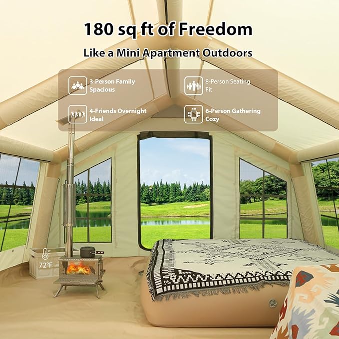 2025 Upgraded Waterproof Inflatable Camping Tent, Large Blow-Up Air Tent, No Assembly Needed Luxury Glamping House, Oxford Fabric