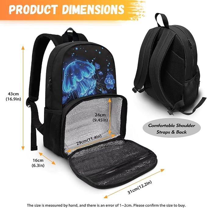 17in Laptop Backpack with Insulated Cooler Lunch Compartment, Extra Large Travel Business Work Computer Backpacks Purse College Bag, Casual Hiking Meal Backpack, Blue Jellyfish Flower
