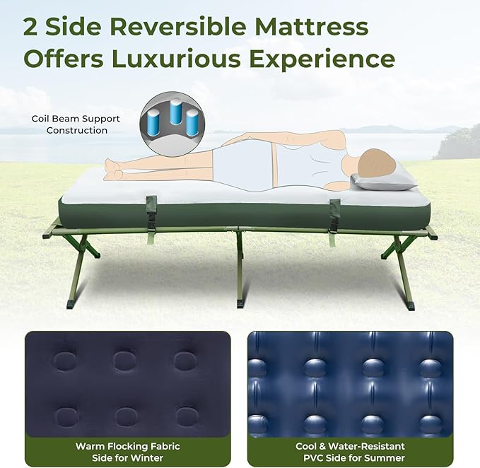 KOTEK 5-in-1 Tent Cot with Air Mattress, Sleeping Bag, Pillow, Canopy, Zippered Mesh Windows & Carry Bag, Elevated Tent for Camping, Hiking, Traveling, Picnic