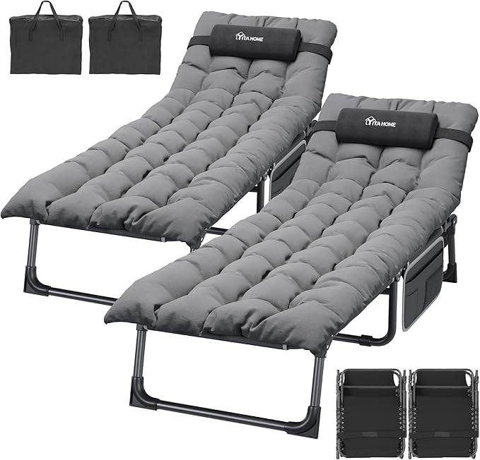 YITAHOME XL Camping Cots 4+2 Portable Cot w/Mattress Outdoor Folding Cot Heavy Duty 330lb Capacity 600D Oxford w/Carry Bag Removable Pillow Travel Bed for Camping, Home, Office, Traveling, Grey