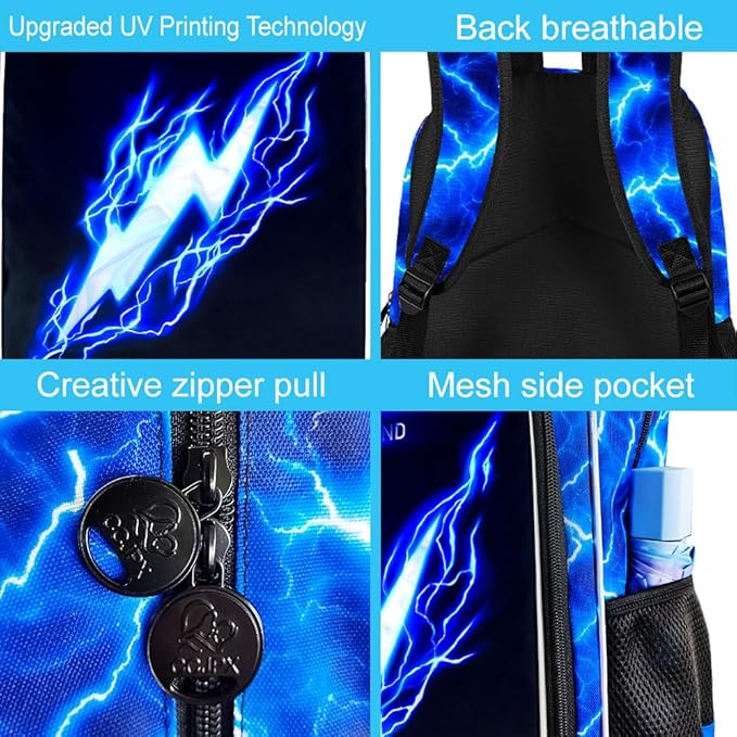 17" Backpack for Boy, 3Pcs Lightning Bookbag for Elementary Preschool Kindergarten, Kids School Backpacks with Lunch Box (Blue)